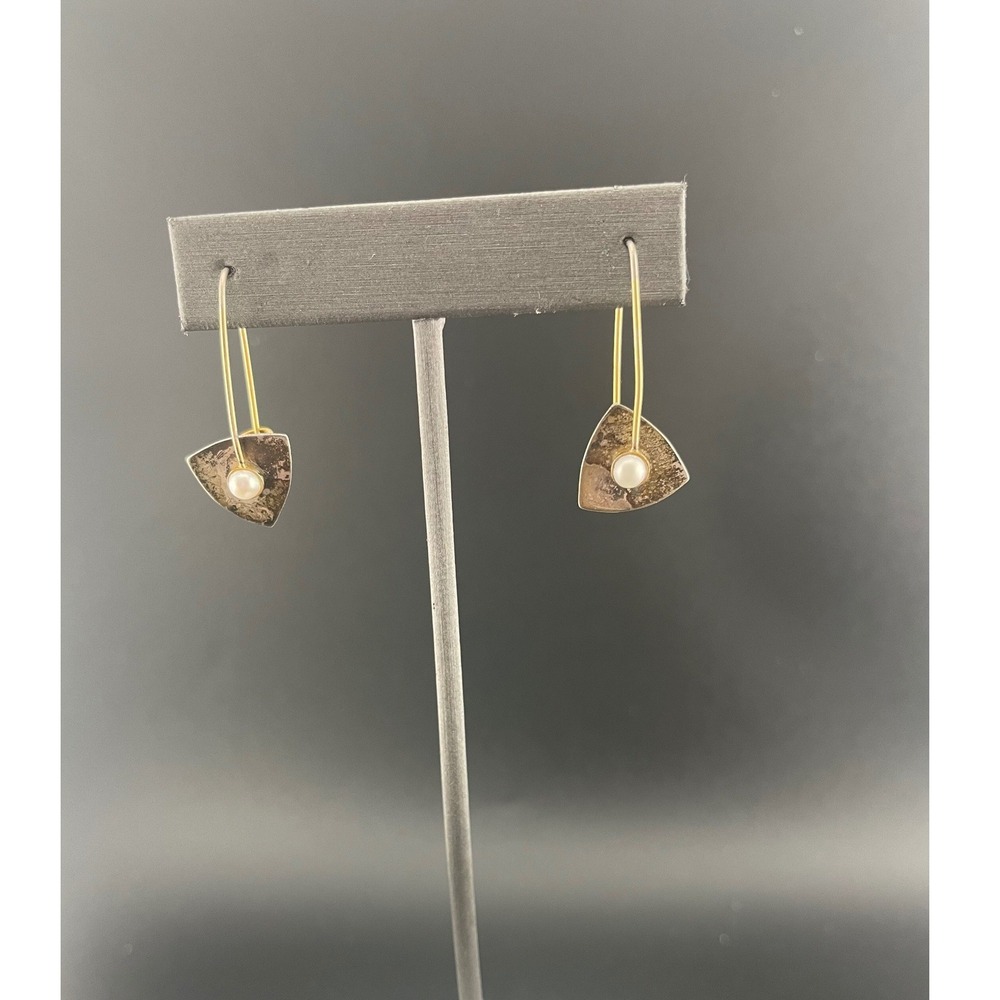 Vintage Sterling Silver Modernist Pearl Drop Earrings‎ Artisan Hoops